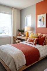 Cozy bedroom interior with warm colors and inviting decor