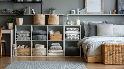 Cozy bedroom interior with stylish decor and comfortable bed setting.
