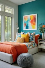 Vibrant bedroom interior with colorful bedding and abstract artwork.