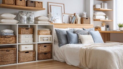 Cozy bedroom interior with stylish decor and comfortable bed
