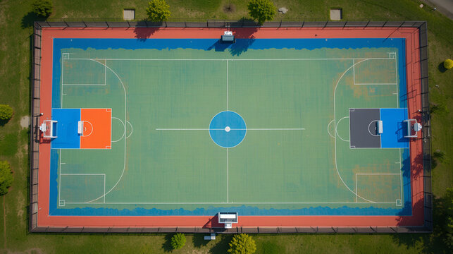 Aerial view of outdoor basketball and soccer courts with vibrant blue, orange, and green colors. The sports facility is empty, with clear markings and fences, creating a dynamic geometric composition