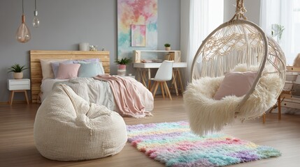 Cozy bedroom interior with a hanging chair and colorful rug.