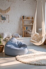 Cozy Bohemian Living Room with Hanging Chair and Beanbag