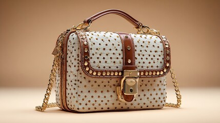 Cream-colored handbag with gold hardware and studs