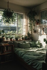 Cozy bedroom filled with lush greenery and natural light