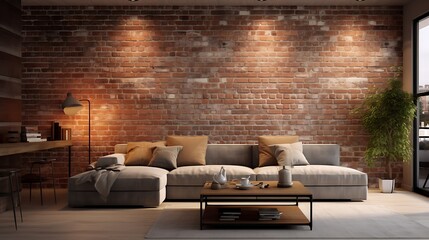 Inviting living space featuring a rustic brick wall and comfortable sectional sofa, complemented