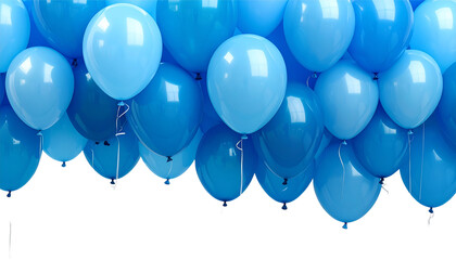 A bunch of colorful party balloons in yellow, red, and blue fly against a white background for a fun celebration