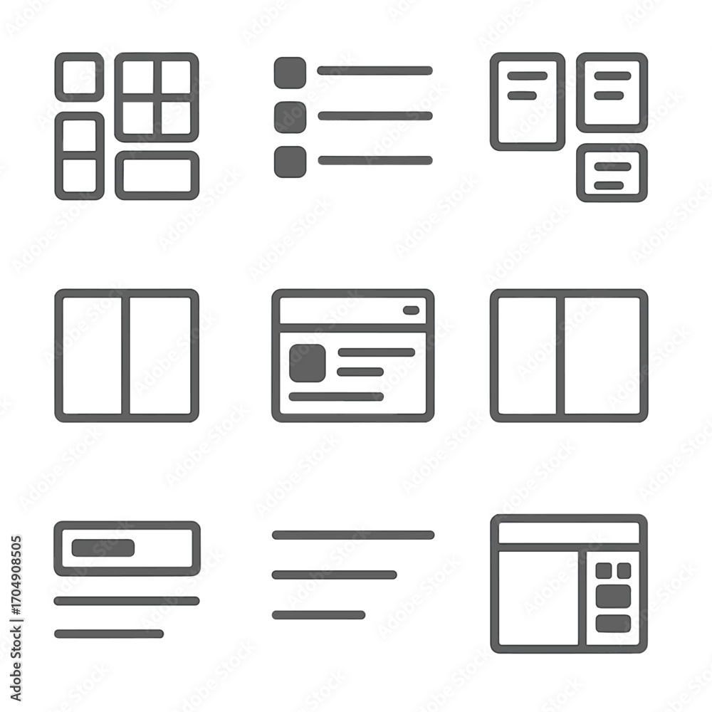 Wall mural UI Layout Icon Set. Flat icon set of user interface layouts: grid view, list view, card view, split screen,