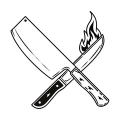 Black Silhouette Vector of Knife and Cleaver with Plate