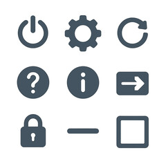 System Control Icons. Flat icon set of system controls: power button, settings gear, refresh, help, info,