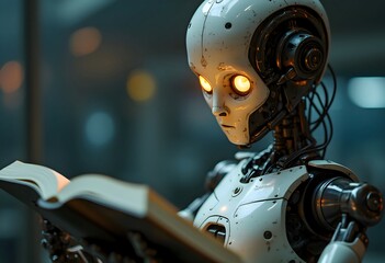 Fototapeta premium Futuristic ai robot reading a book concept art, artificial intelligence and learning