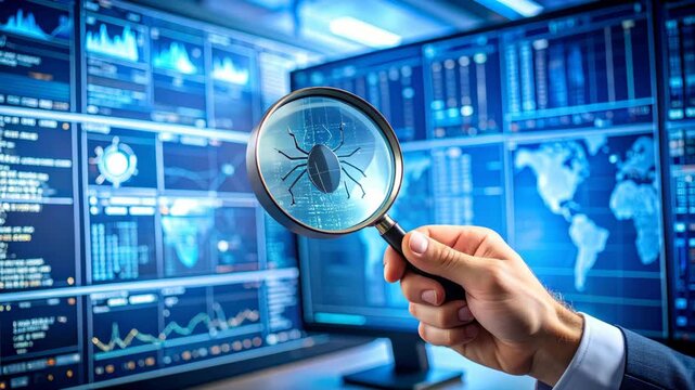 Hand holding a magnifying glass over a computer bug in front of multiple blue data screens with charts and world map