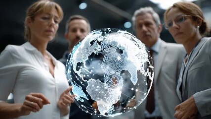 Global Collaboration: A focused business team gathers, their attention captivated by a luminous representation of the Earth, symbolizing unity, connectivity, and innovation. - Powered by Adobe