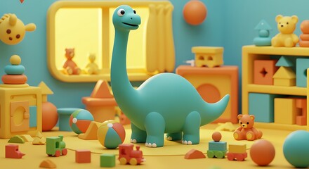 Naklejka premium Dinosaur Toy in a Playroom with Blocks, Teddy Bear and Toy Train