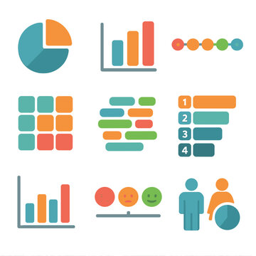 Survey Visualization Icons. Flat icon set of survey visualization: pie chart, bar graph, Likert scale, heatmap