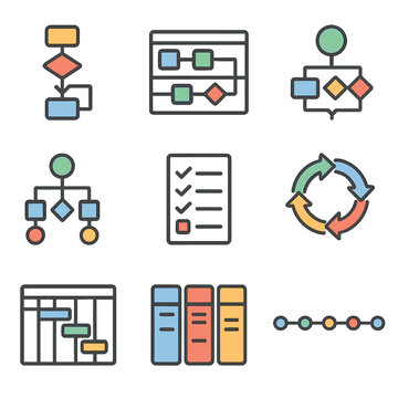 Workflow Charts Icons. Flat icon set of workflow and process charts: flowchart, swimlane diagram, process map,