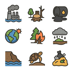 Fototapeta premium Environmental Hazards Icons. Flat icon set of environmental hazards: pollution, deforestation, oil spill,