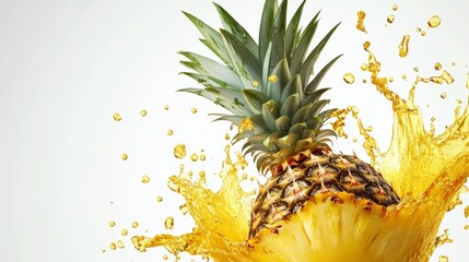 vibrant composition of whole pineapple crown and swirling juice ribbons levitating on pure white backdrop