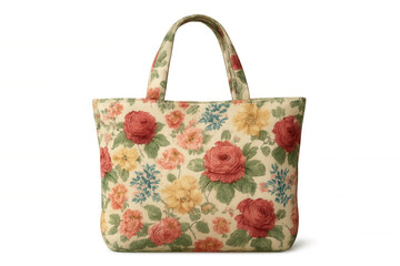 Fashionable tote bag featuring colorful floral print, resting on transparent background, highlighting trendy accessory with graphic design potential