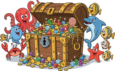 Cartoon treasure chest overflowing with gold coins and jewels surrounded by sea creatures