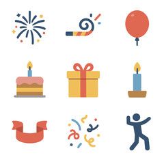 Festive Celebration Icons. Flat icon set of festive celebrations: fireworks, party horn, balloon, cake, gift,