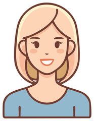 Friendly cartoon woman with short blonde hair smiling and wearing a blue shirt
