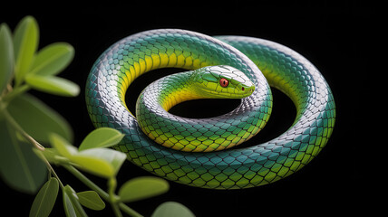 Close-Up of a Vibrant Green Snake Coiled on Branch with Detailed Scales