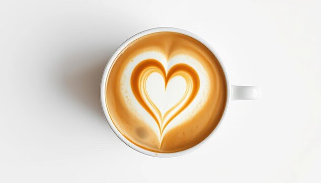 A frothy heart sits atop a creamy latte, in a coffee cup, viewed from above on a pure white background, texture, barista