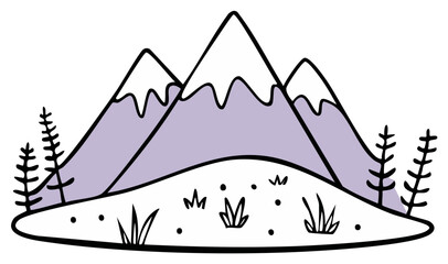 Illustrative design of mountain range with snowy peaks and stylized trees