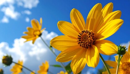 Bright yellow flowers against a blue sky