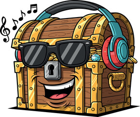 Cartoon treasure chest overflowing with gold coins and jewels surrounded by sea creatures