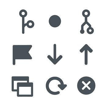 Version Control Icons. Flat icon set of version control tools: branch icon, commit dot, merge icon, tag flag,