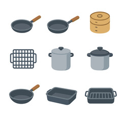 Cooking Methods Icons. Flat icon set of cooking methods: frying pan, saut&eacute; pan, steaming basket, grill grate,
