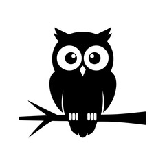 Black owl perched on branch with transparent background