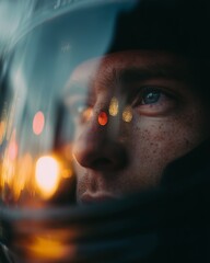 Intense focus captured in the eyes of a helmeted individual with a blurred, reflective background of lights.