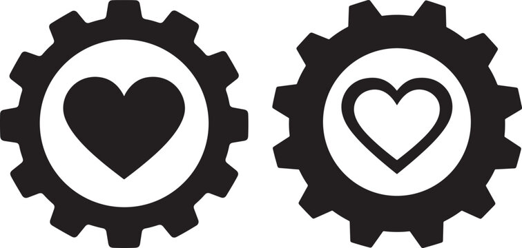 Two gears with hearts inside silhouette
