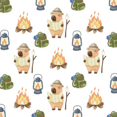 Capybara Camping Seamless Patterns