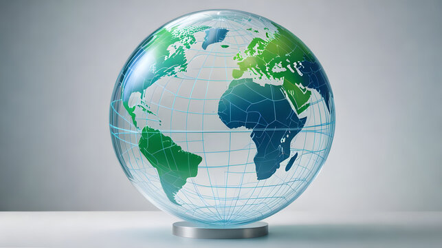Elegant glass globe with continents, demonstrating global connectivity and international focus, modern design - Powered by Adobe