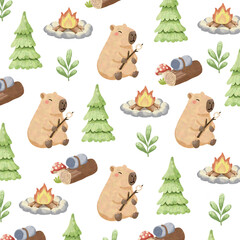 Capybara Camping Seamless Patterns