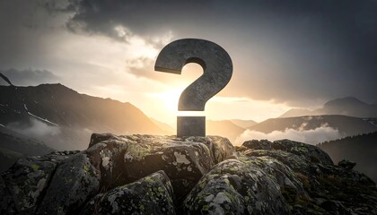 Stone question mark atop a mountain range against a dramatic sunrise sky, evoking uncertainty and curiosity