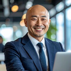 Handsome Japanese businessman with Francis Xavier style bald head