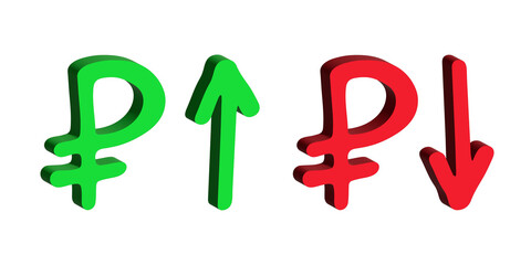 3d russian ruble currency symbol Growth and fall profit with arrow up and down Element for design
