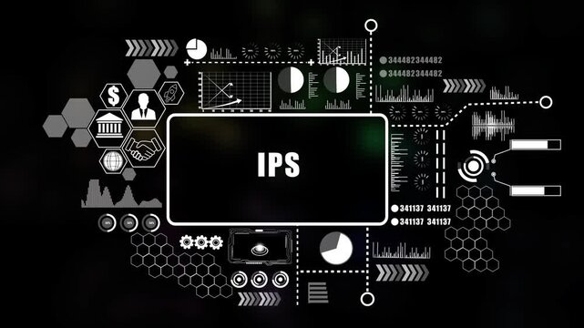 Futuristic blue HUD interface with IPS text and glowing circular elements on a map background technology