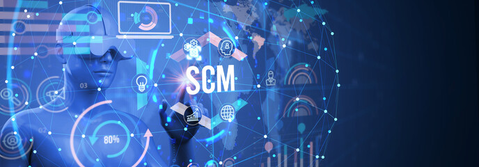 SCM - Supply Chain Management.  Supply Chain Management SCM. Aspects of Modern Company Logistics Processes. 3d illustration