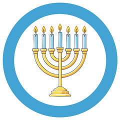 Obraz premium Cartoon illustration of a menorah with lit candles, in a blue circle
