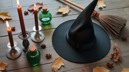A halloween arrangement featuring a witch hat candles and potion bottles on a wooden surface top view .