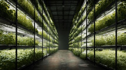 Indoor farm features tiered plant rows with LED lighting resembling a futuristic food production facility