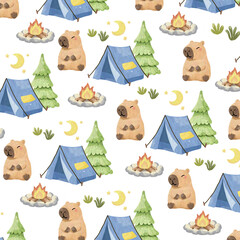 Capybara Camping Seamless Patterns