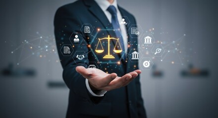 Lawyer displays digital scales of justice with legal icons