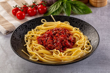 Italian pasta spaghetti bolognese with minced beef meat and tomato sauce